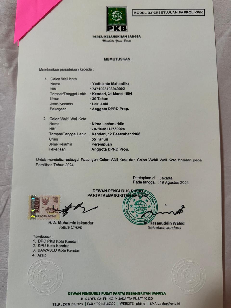 PKB Susul PDIP dan Gerindra Dukung Yudhi-Nirna Tarung di Pilwali Kendari