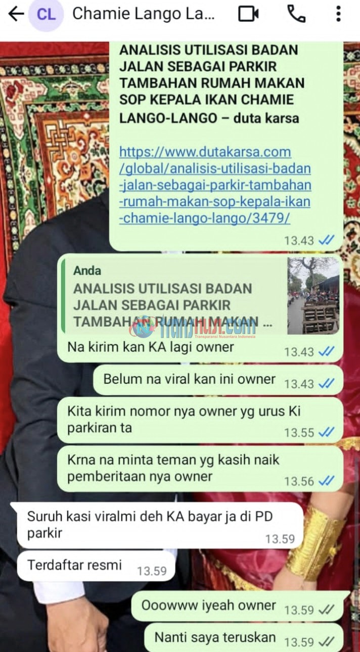 Parkir Menggunakan Badan Jalan, Rumah Makan Sop Kepala Ikan Chamie Lango-Lango Saya Bayar di PD Parkir