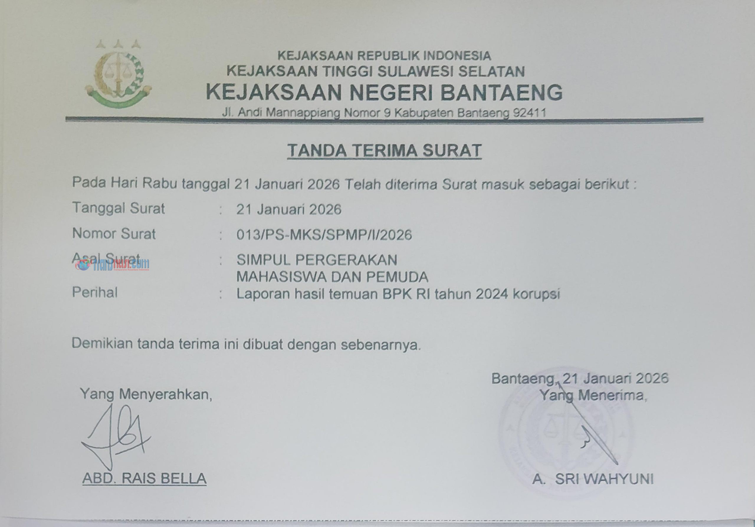 SPMP Resmi lapor RSUD Makkatutu Dikejaksaan Negeri Bantaeang
