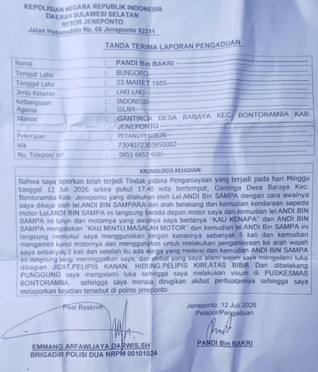 Korban Penganiayaan di Jeneponto Kecewa, Laporan Cuma Jadi Surat Pengaduan