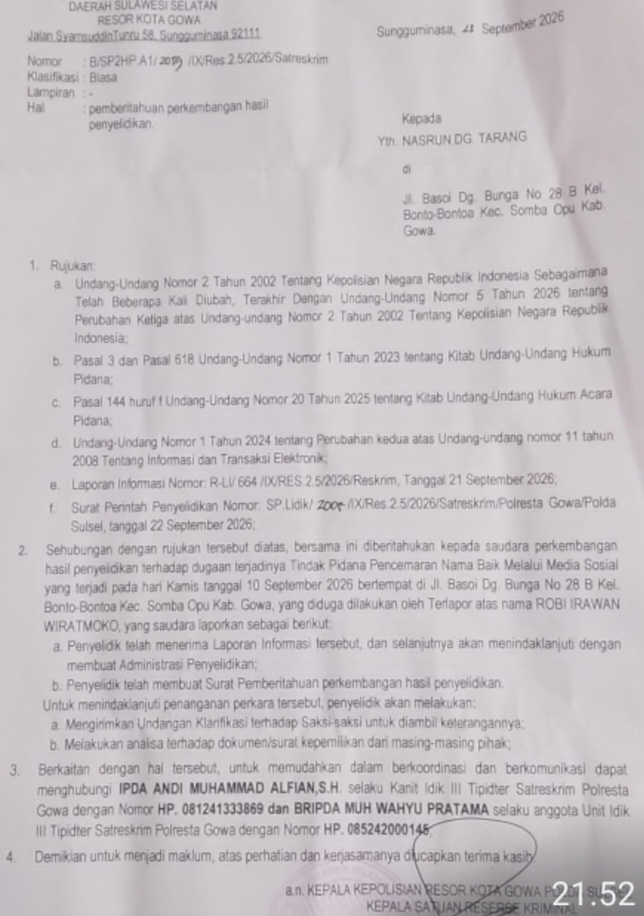 A Nasrun Dg Tarang Laporkan Robi Irawan ke Polres Gowa, Dugaan Pencemaran Nama Baik